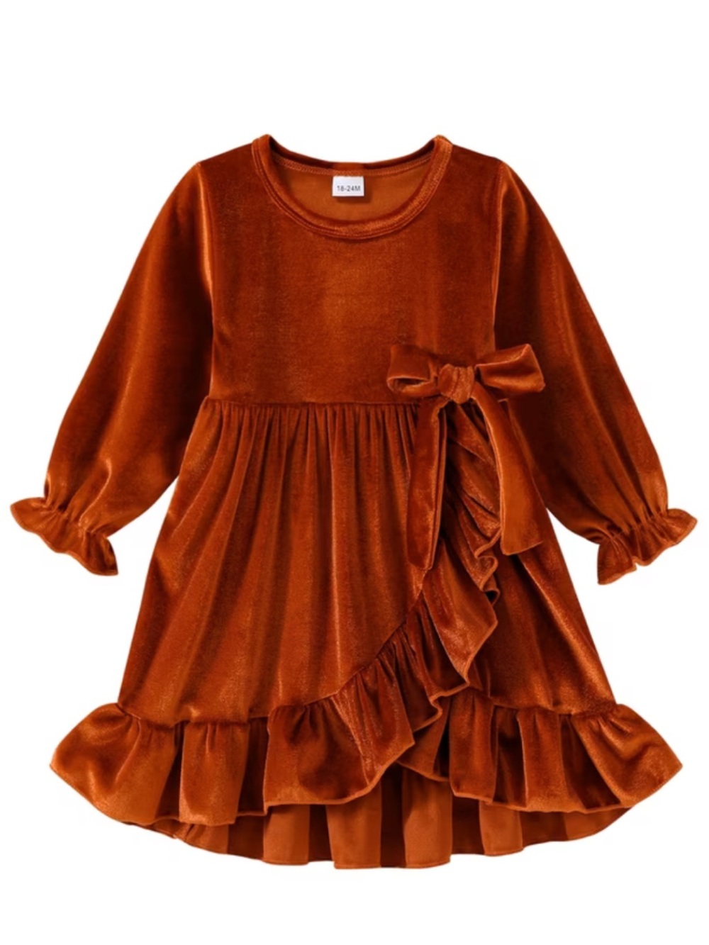 Girls Velvet Ruffle Dress with Bow - Rust Orange Perfect Fall Photoshoot Outfit!